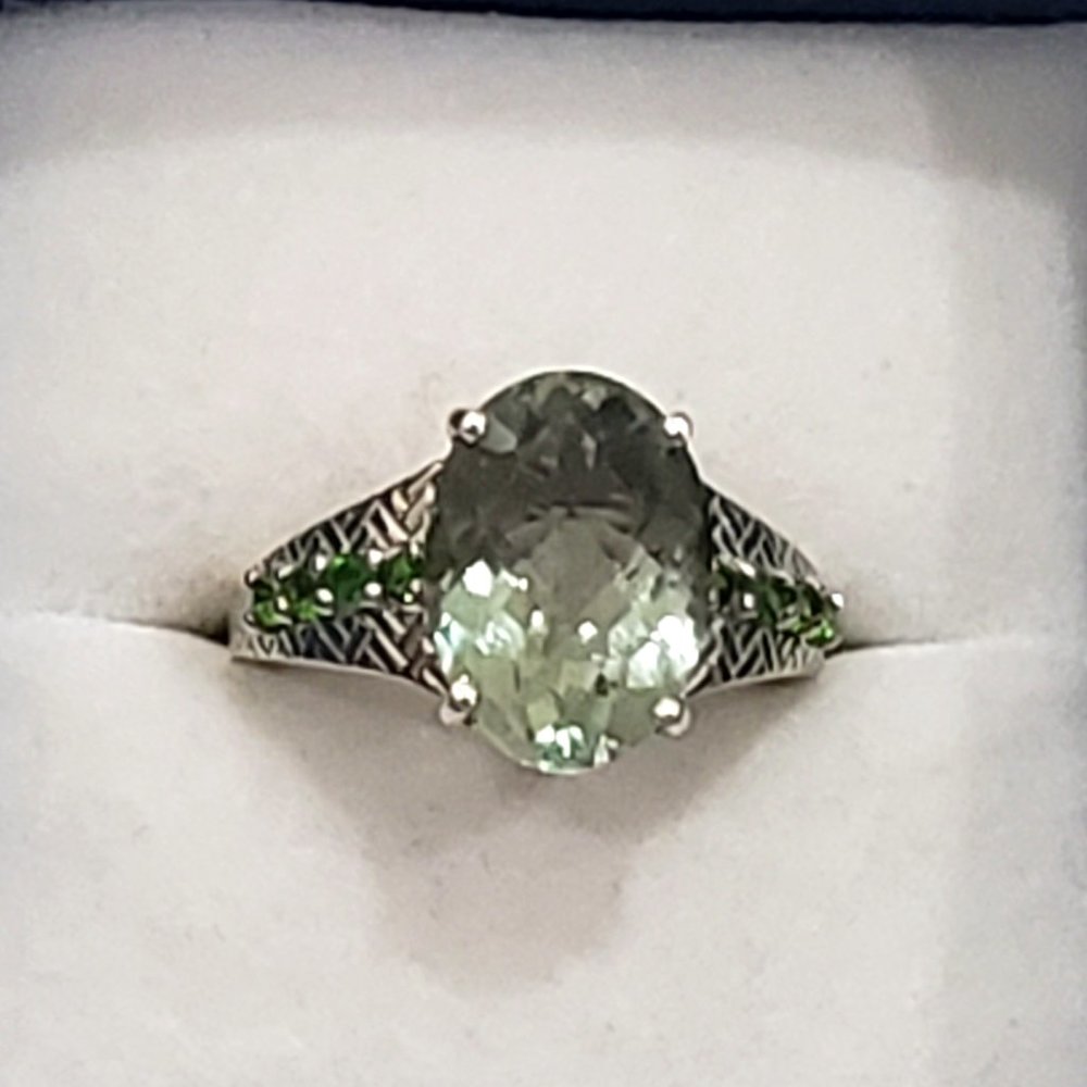 Prasiolite (Green Amethyst) Chrome Diopside ring in Plat/over 925 Sterling sz 8